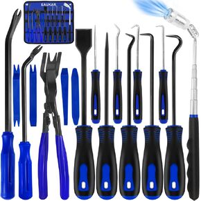 17 Pcs Hook and Pick Tool Set with Scraper Auto Clip Removal Plier Fastener Remover Rivets Puller Car Trim Removal Tool Kit Gasket Telescoping Magnetic Pickup Hand Automotive Tools (Blue)