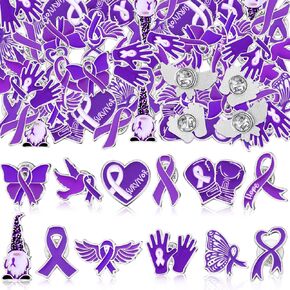 Landical 60 Pieces Purple Ribbon Awareness Lapel Pin Bulk 12 Styles Pancreatic Overdose Lupus Alzheimers Domestic Violence Lupus Awareness Pin Purple Cancer Products for Public Charity Fundraiser