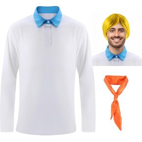 Halloween Costume Fred Outfit Shirt,Long Sleeve Novelty Shirts Tops and Gold Wig Orange Scarf, Character Cos