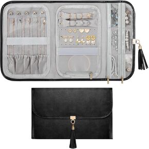 Travel Jewelry Organizer for Women, Waterproof Portable Leather Jewelry Roll Bag Storage Pouch, Foldable Tangle Free Travel Jewelry Case Holder for Necklace Earrings Bracelet Rings, Black