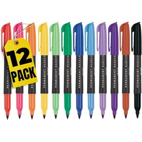 1InTheOffice Permanent Markers Assorted Colors, Fine Tip Markers, Colored Permanent Markers, 12 Pack