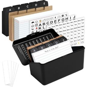 3"x5" Index Card Holder Set, Index Card Box Organizer Storage with 100 Ruled Notecards, 30 Plastic Black Dividers, 25 Kraft Dividers, 240 Designed Stickers, For Home Recipes Flashcards Address Office
