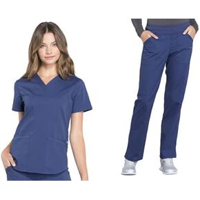Women Scrubs Set Workwear Professionals WW665 V-Neck Top & WW170P Mid Rise Straight Leg Pull-on Cargo Pant, Navy- M Top/M Petite Pant