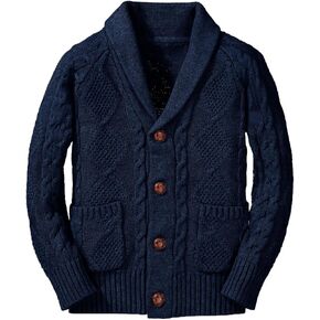Inorin Boy's Sweater Cardigan Button Down Shawl Collar Cable Knitted Outwear Sweater Coats with Pockets Deep Navy Blue