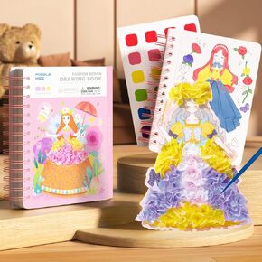 Magic Princess 4 in 1 Fashion Design Drawing Book, Dress-up Activity Book with Watercolor Painting, Stickers, Poking, Diamond, Puzzle Puncture Painting for Kids, Girls' DIY Craft Kit for 3 4 5 6