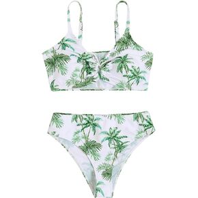 OYOANGLE Girl's 2 Piece Tropical Print Bikini Set Sport Swimsuit Ruched Tie Front Bathing Suit Swimwear