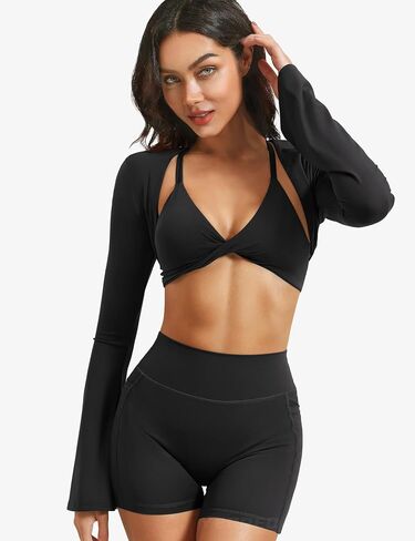YEOREO Women Crop Top Long Sleeve Bolero Open Front Workout Bell Sleeve Cropped Shirts Sports Shrug in Saudi Arabia