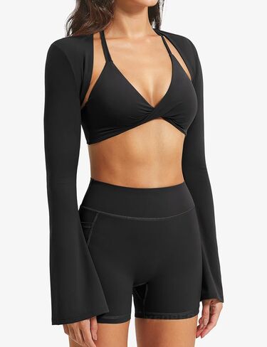 YEOREO Women Crop Top Long Sleeve Bolero Open Front Workout Bell Sleeve Cropped Shirts Sports Shrug in Saudi Arabia