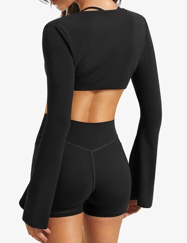 YEOREO Women Crop Top Long Sleeve Bolero Open Front Workout Bell Sleeve Cropped Shirts Sports Shrug in Saudi Arabia
