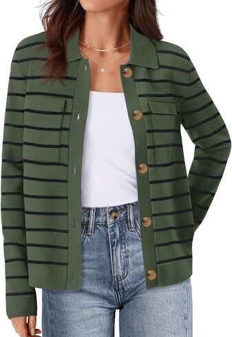 MEROKEETY Women's 2024 Fall Knit Striped Long Sleeve Sweater Open Front Button Down Cardigan in Saudi Arabia