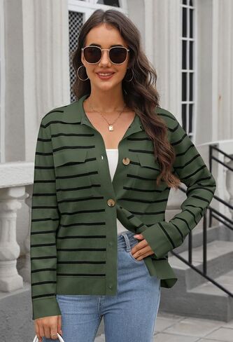MEROKEETY Women's 2024 Fall Knit Striped Long Sleeve Sweater Open Front Button Down Cardigan in Saudi Arabia