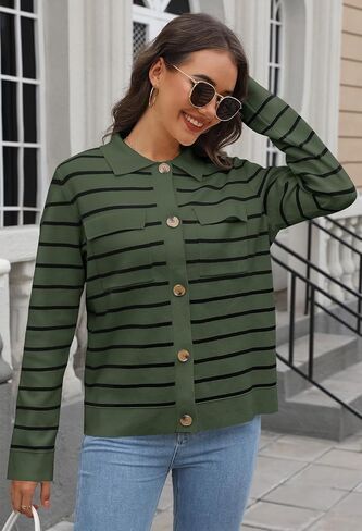 MEROKEETY Women's 2024 Fall Knit Striped Long Sleeve Sweater Open Front Button Down Cardigan in Saudi Arabia