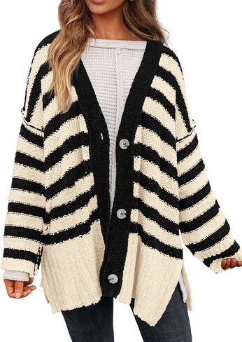 PRETTYGARDEN Women's Striped Cardigan Sweaters Long Sleeve Button Down Chunky Knit Oversized Fall Sweater Coat in Saudi Arabia