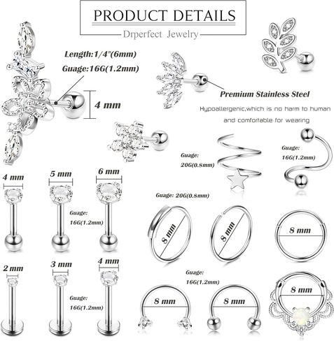 Sanfenly 16G أقراط الغضروف هوب ترصيع تشيكوسلوفاكيا إلى الأمام اللولب ثقب المجوهرات Labret الزنمة مسمار القرط الغضروف اللولب أقراط هوب روك Daith محارة ثقب المجوهرات in Kuwait