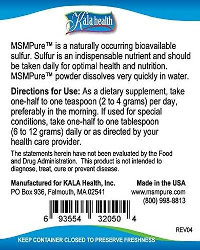 Kala Health MSMPure Fine Powder, 8.8 oz, Fast Dissolving Organic Sulfur Crystals, 99% Pure Distilled MSM Supplement, Made in USA in Saudi Arabia