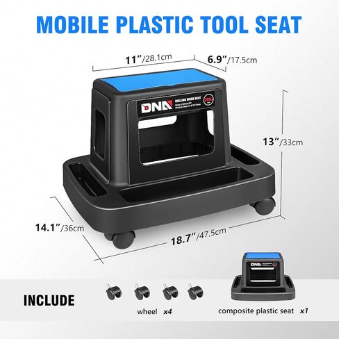 DNA MOTORING Mobile Plastic Tool Seat Rolling Garage Work Stool with Under-Seat Storage & Tray for Workshop Auto Repair Shop, Blue/Black, TOOLS-00369 in Saudi Arabia