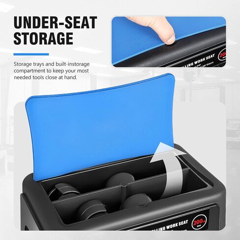 DNA MOTORING Mobile Plastic Tool Seat Rolling Garage Work Stool with Under-Seat Storage & Tray for Workshop Auto Repair Shop, Blue/Black, TOOLS-00369 in Saudi Arabia