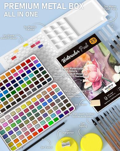 Nicpro 100 Colors Watercolor Paint Set, Metallic Macaron & Fluorescent in Kuwait