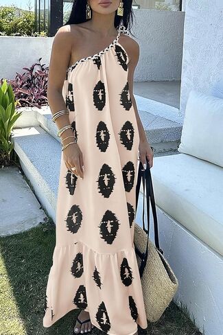 PRETTYGARDEN Women's Summer One Shoulder Spaghetti Strap Dresses Printed A Line Flowy Boho Beach Vacation Maxi Long Sundress in Saudi Arabia