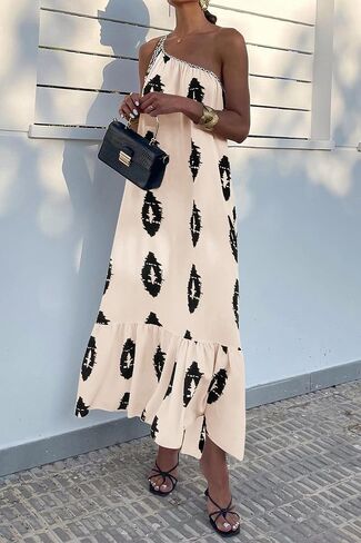 PRETTYGARDEN Women's Summer One Shoulder Spaghetti Strap Dresses Printed A Line Flowy Boho Beach Vacation Maxi Long Sundress in Saudi Arabia