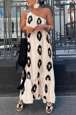 PRETTYGARDEN Women's Summer One Shoulder Spaghetti Strap Dresses Printed A Line Flowy Boho Beach Vacation Maxi Long Sundress in Saudi Arabia