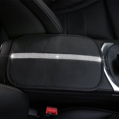 U&M Bling Bling Auto Armrest Console Cushion, Soft Plush Luster Crystal Arm Rest Padding Protective Case Diamond Car Decor Accessories for Women (Black-Leather) in Saudi Arabia