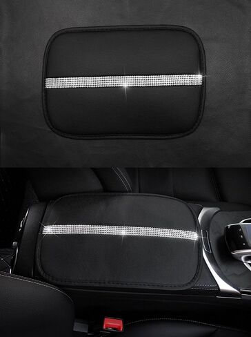 U&M Bling Bling Auto Armrest Console Cushion, Soft Plush Luster Crystal Arm Rest Padding Protective Case Diamond Car Decor Accessories for Women (Black-Leather) in Saudi Arabia