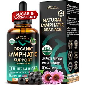 USDA Organic Lymphatic Drainage Supplement - 8 in 1 Herbal Lymphatic Drainage Drops with Echinacea and Elderberry - Immune Support, Cleanse & Detox - Made in USA, Vegan & Non-GMO - 2 Month Supply
