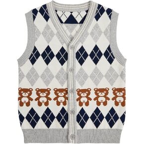GORGLITTER Girl's Argyle Sweater Vest Bear Sleeveless V Neck Knit Pullover Top
