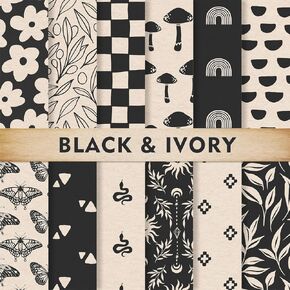 Whaline 24Pcs Boho Ivory Pattern Paper Black Beige Scrapbook Specialty Paper Vintage Double Sided Decorative Craft Paper For DIY Card Making Photo Album Decor, 11.8 x 11.8 Inch