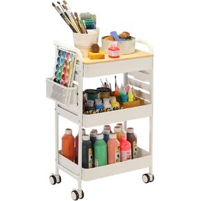 Art Cart with Tabletop & Pegboard - 3-Tier Rolling Utility Cart with Wheels, 2 Baskets & 6 Hooks - Metal Storage Organizer for Home, Office, Crafting & Kids’ Art Supplies (White)