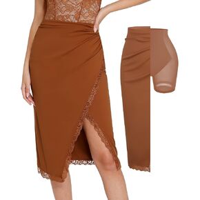 Popilush Shapewear Tummy Control Skirts Lace Skirt for Women Midi High Waist Ruched Skirt Split Thigh Front