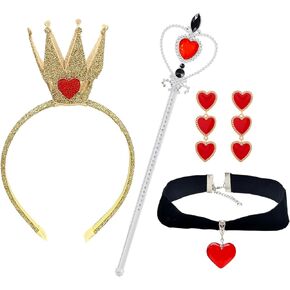 Halloween Queen Costume Accessories Set including Gold Crown Red Heart Collar Choker Red Gem Scepter Wand Red Heart Ear Decor for Women Halloween Queen Costume Party Accessories