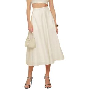 IDEALSANXUN Womens Cotton Linen Skirts Spring Summer A Line Pleated Maxi Midi Skirt with Pockets