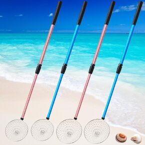 Roshtia 4 Pcs Sand Sifter, Beach Scoop Shovels and Shark Tooth Sifter Tools, Adjustable Metal Sand Scoop Long Handle Shell Scooper for Beach Seaside Grooming Sea Glass Seashell Collecting Hunting