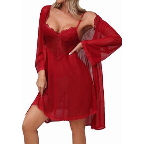 MakeMeChic Women's 2 Piece Lingerie Set Lace Mesh Robe and Nightdress Set Mesh Nightgown in Saudi Arabia