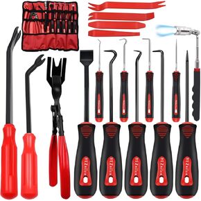 17 Pcs Mechanic Hook Pick Tool Set and Auto Trim Removal Tool Kit with Auto Clip Plier Rivets Puller Telescoping Magnetic Pickup Gasket Scraper for Remove Automotive Hand Pick Up Tools