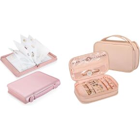 Bundle: Jewelry Travel Organizer Case PU Leather Jewelry Storage Book + Double Layer Jewelry Travel Organizer Case for Necklaces, Earrings, Bracelets(Rose Gold+Rose Gold)