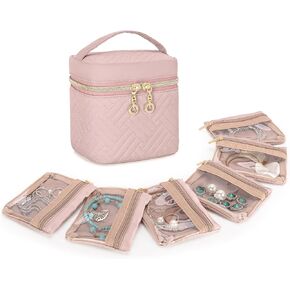 Teamoy Jewelry Organizer with 6 Small Jewelry Bags, Travel Jewelry Storage Box for Necklaces, Rings, Earrings, Bracelets, Quilted Pink