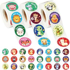 3 Rolls Reward Stickers for Kids, 1500 Pcs Teacher Motivational Stickers School Supplies, Roll Animal Sticker Potty Training Stickers for Classroom Home, 24 Designs (Each Measures 1 in Diameter)