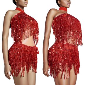 Sequin Skirt for Women, Sparkly Mini Skirt, Sequin Tassel Skirts, Belly Dance Skirt & Top Set, Fringe Skirts, 2pack