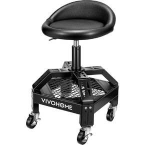 VIVOHOME Rolling Shop Stool Adjustable Height 360 Degree Swivel Stool with Tool Tray Storage and Wheels for Garage, Workshop, 300 LBS Capacity