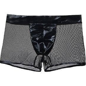 ohyeahlady Mens Sexy Underwear See Through Mesh Boxer Briefs Leather Undies Black Breathable Trunks for Man