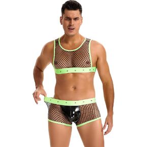 Mens Fishnet Crop Top and Sexy Shorts Set Stud Undershirts Nightclub Party Vest Underwear Boxer Briefs Trunks Underpants
