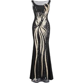 Angel-fashions Women's Sheer Gold Sequined Black Splicing Evening Dress