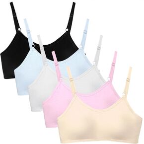Girls Training Bra Teen Bras Everyday Big Kids Padded Bra 8-10 10-12 12-14 14-16 Adjustable Straps - 5 Packs