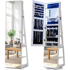 sogesfurniture خزانة مجوهرات بمرآة دوارة 360 درجة بطول كامل مع أضواء، خزانة مرآة واقفة، خزانة منظمة لتخزين المجوهرات قابلة للقفل، مرآة واقفة بطول كامل مع أرفف إضافية in Kuwait