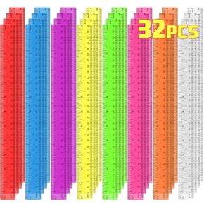 32 Pack Clear Plastic Ruler 12 Inches, Bulk Transparent Assorted Color Ruler with Centimeters and Inches, for Kids Back to School, Classroom, Office, Home Supplies