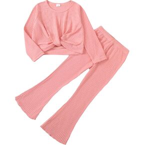 Girls 2 Piece Outfits Twist Front Top and Bell Bottom Pants Set Kids Fall Winter Clothes 5-14 Years