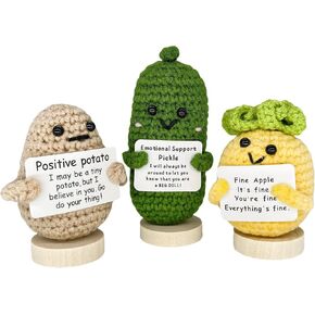 3Pcs Funny Positive Potato Toy with Positive Card with Base Crochet Dolls Creative Cute Emotional Support Plush Cheer Up Gift for Friends, Parties, Christmas Decoration and Encouragement.